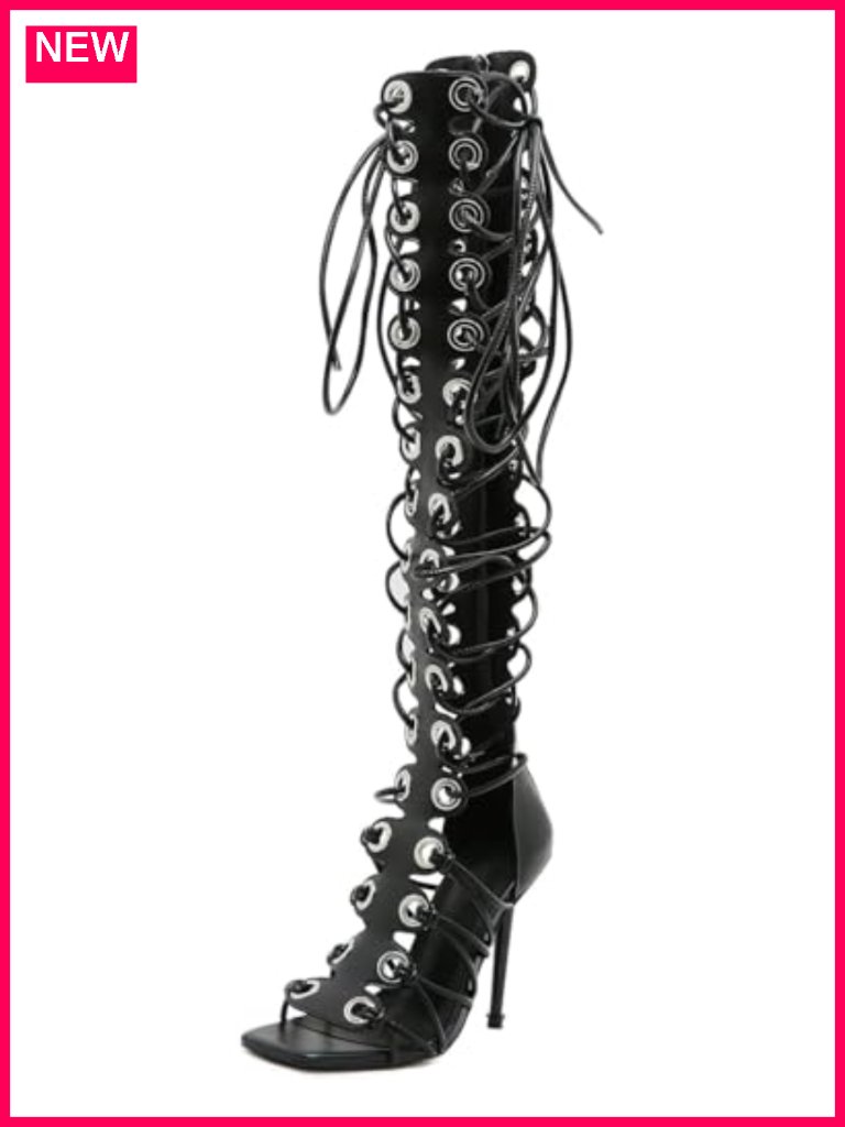 Faux Leather Peep Toe Gladiator Sandals Lace Up High Heel Zip Over Knee Bootie